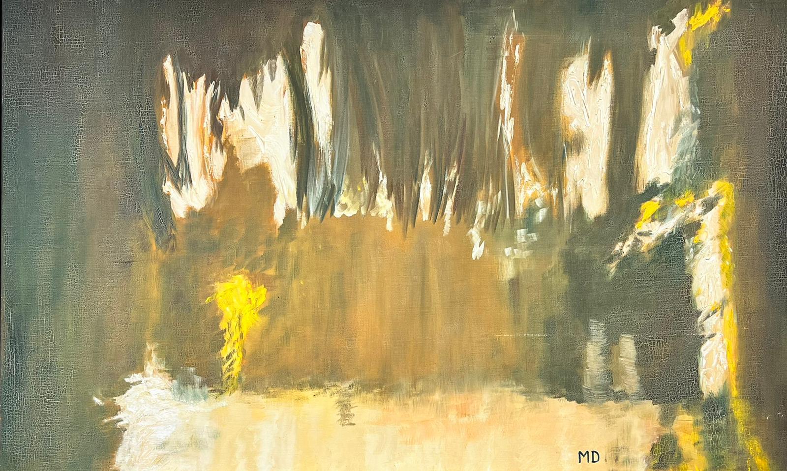 Artist/ School: French abstract School, late 20th century/ early 21st century, inscribed initials MD

Title: Brown, yellow, beige abstract composition painted on a very large scale. 

Medium: oil on canvas, framed

Framed: 31 x 48 inches
Painting:
