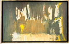 Grande peinture abstraite franaise de couleurs brun, beige et jaune ocre, signe
