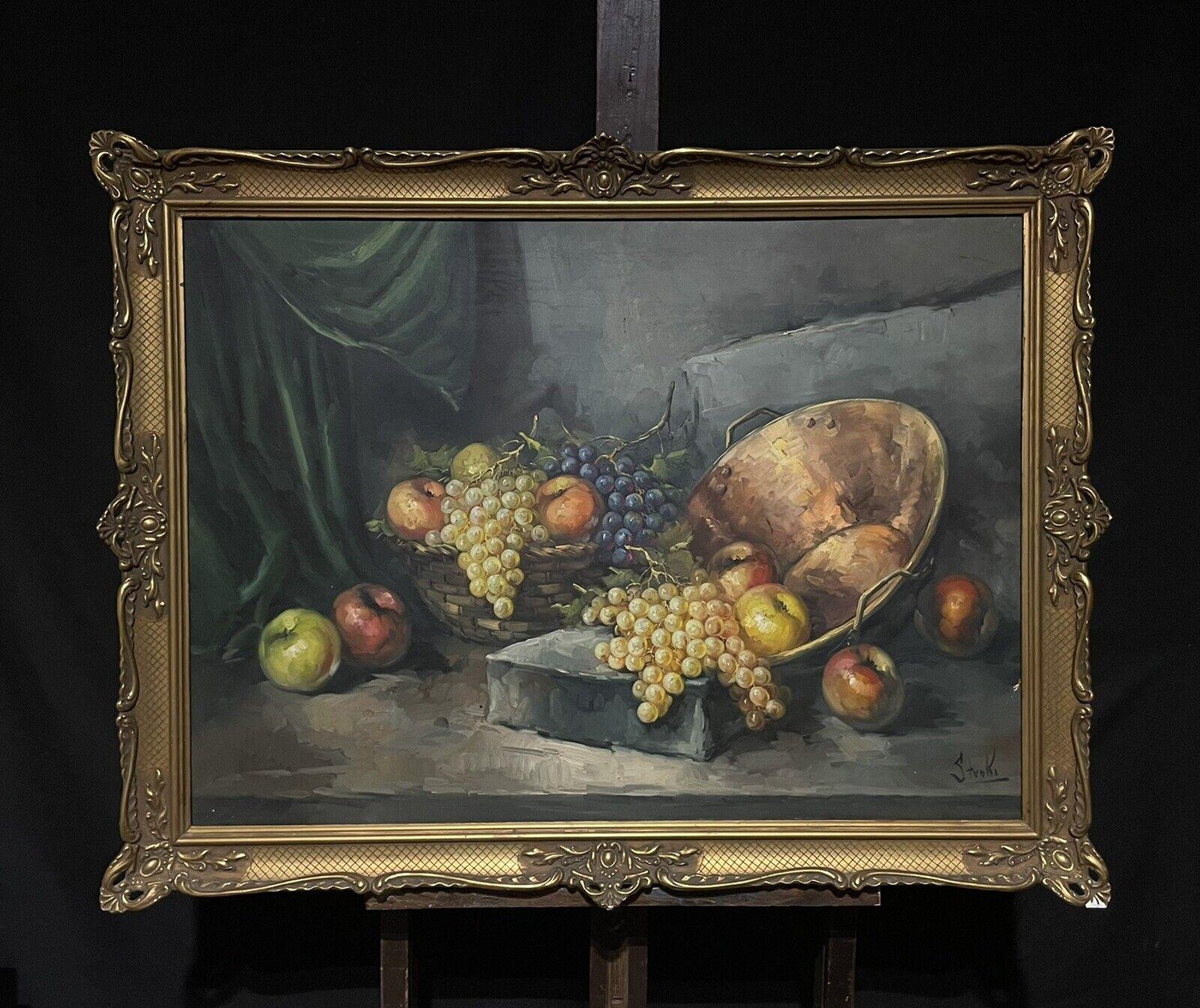 Huge French Still Life of Fruit Ornate Oil Painting in Gilt Frame - Black Interior Painting by French School