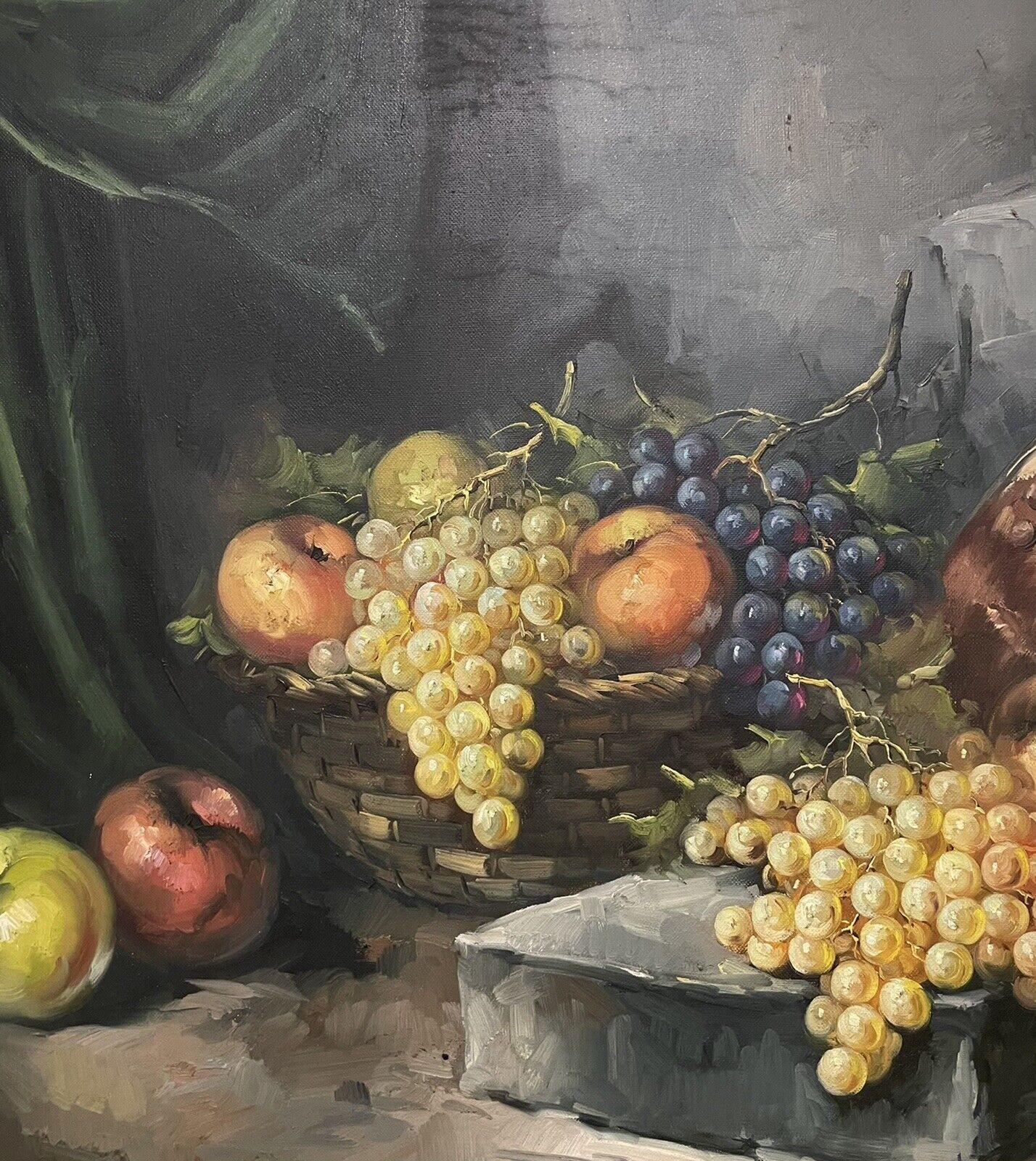 Artist/ School: French School, indistinctly signed

Title: classical still life of fruit. 

Medium: signed, oil painting, framed.

Size: framed:  30.5 x 36.75 inches
painting:  25.75 x 32 inches

Provenance: private collection, France

Condition: