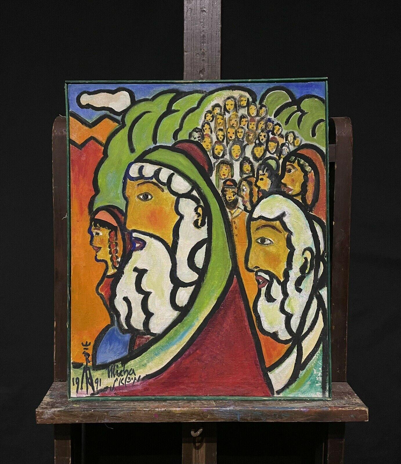 Large Figurative French Expressionist Signed Oil, group of figures, Moses? - Painting by French School