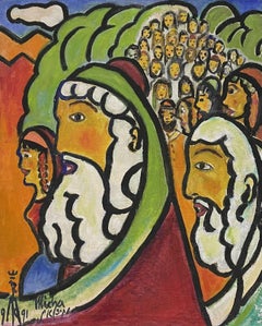 Grande huile figurative de l'expressionniste français signée, groupe de personnages, Moïse ?