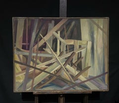 Grande quadro geometrico astratto francese degli anni '70, colori marrone, beige, giallo e verde