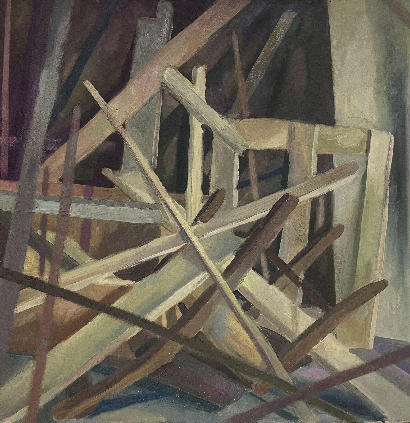 Gran cuadro abstracto geométrico francés de los años 70 Colores marrón beige amarillo verde - Painting Geométrico abstracto de French School