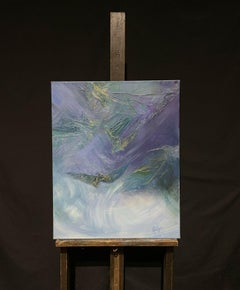 Large French Contemporary Abstract Painting Teal Blue & Silvery Green Colors