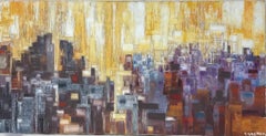 Large French Cubist Abstract Painting - Composition of Sky Scrapers, signed