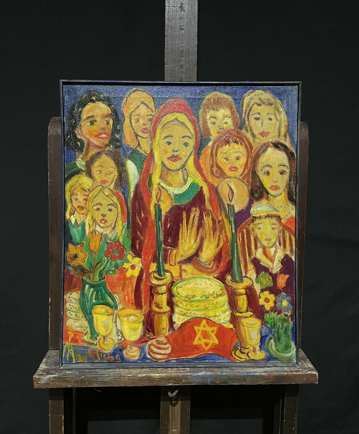 Grande dipinto a olio figurativo modernista francese firmato, molte figure - Painting di French School