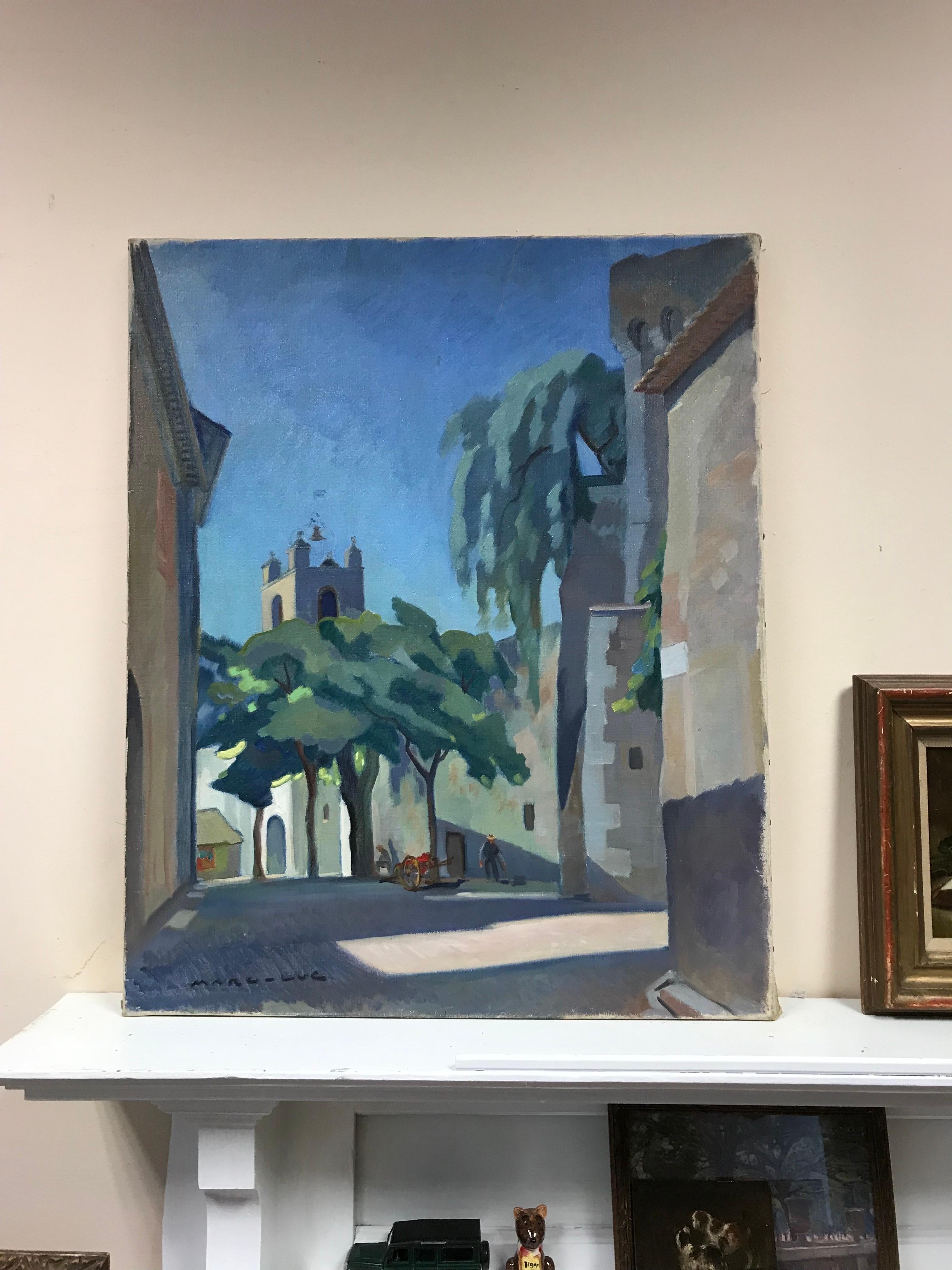 Large Mid 20th Century French Signed Oil - Provencal Village Street Scene Cagnes - Painting by French School