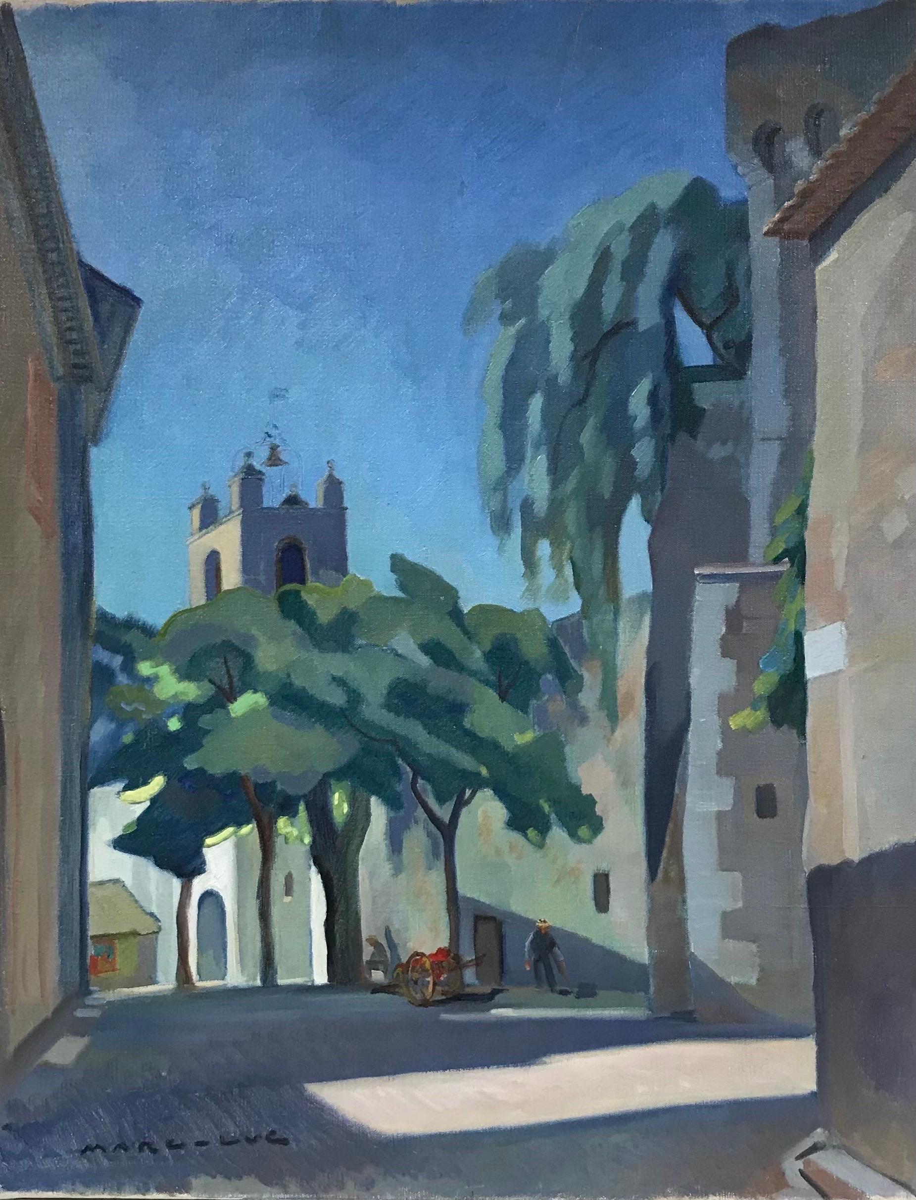French School Landscape Painting - Large Mid 20th Century French Signed Oil - Provencal Village Street Scene Cagnes