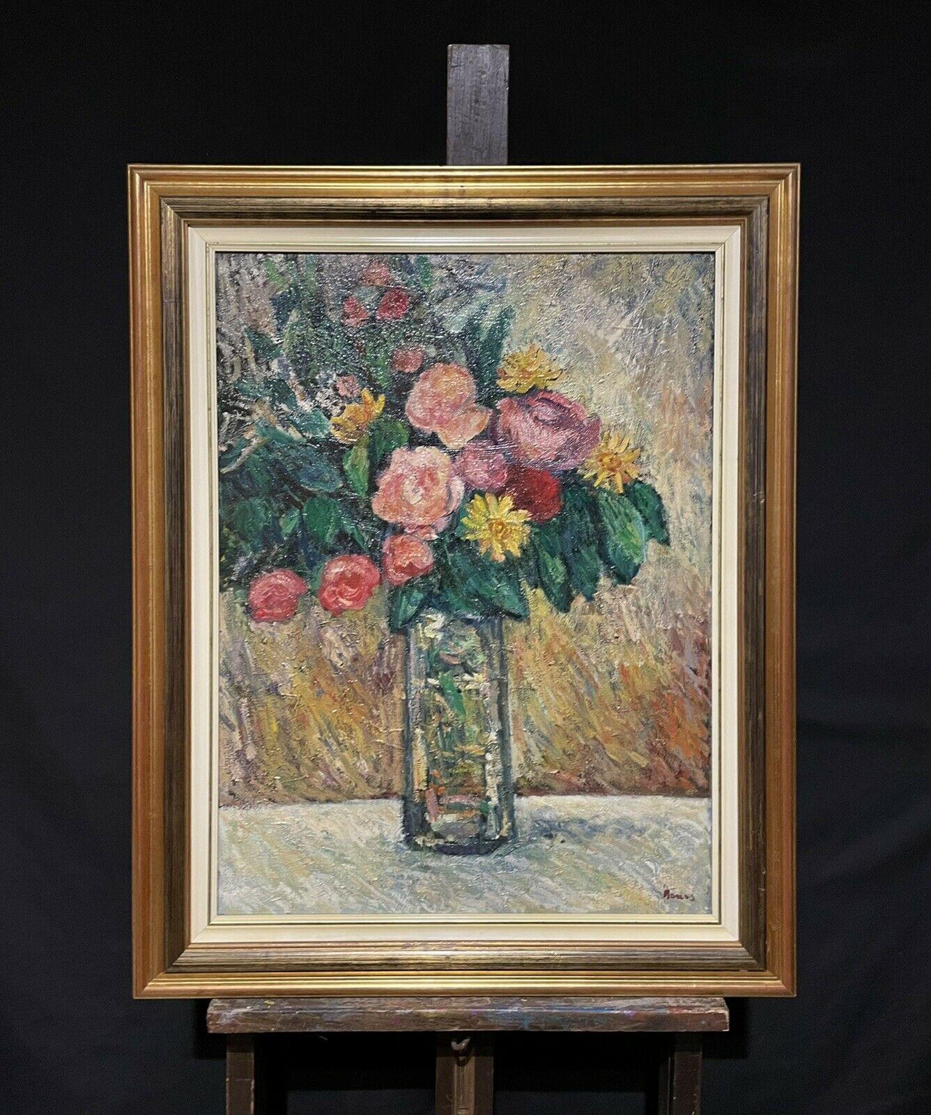 Large Vintage French Impressionist Signed Oil Flowers in Vase, Bright Colors - Painting by French School