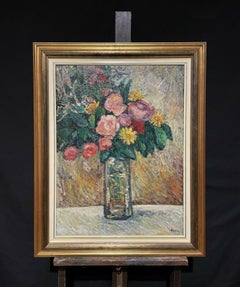Large Vintage French Impressionist Signed Oil Flowers in Vase, Bright Colors