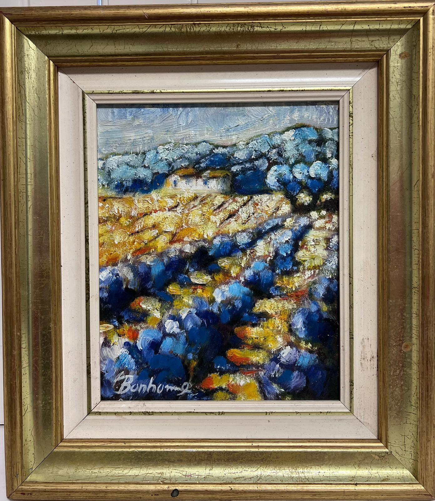 French School Landscape Painting - Lavender Fields in Provence Signed French Post-Impressionist Oil 