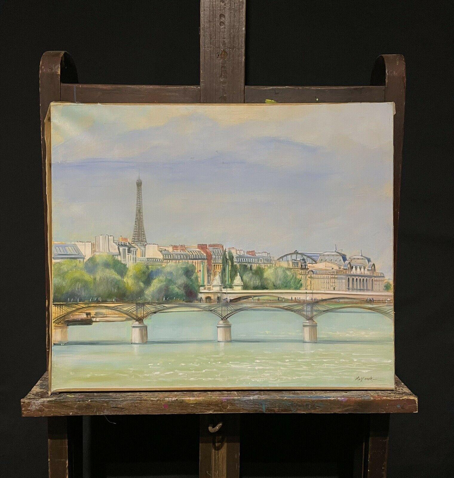 Le Pont des Arts Paris River Seine with a view over the Eiffel Tower, French Oil - Painting by French School