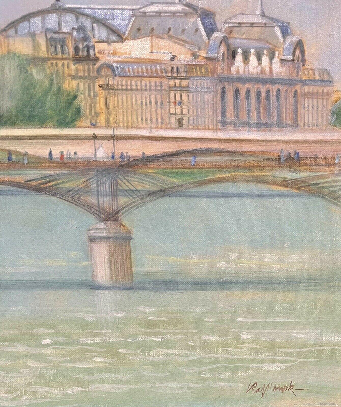 Le Pont des Arts Paris River Seine with a view over the Eiffel Tower, French Oil - Impressionist Painting by French School