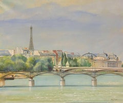 Le Pont des Arts Paris River Seine with a view over the Eiffel Tower, French Oil
