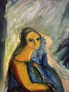 Huile moderniste française du milieu du 20e siècle, portrait d'une figure en bleu