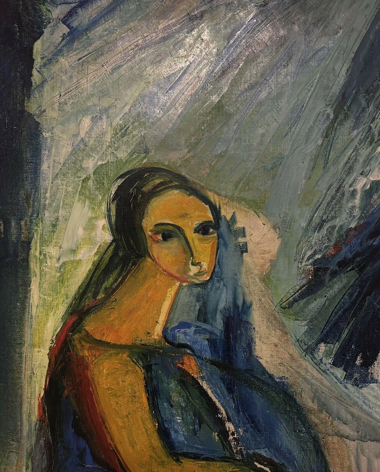 French School Portrait Painting - Mid 20th Century French Modernist Oil, Portrait of a Figure in Blue
