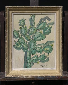 Mid 20th Century French Modernist Signed Painting - Green Cactus Plant