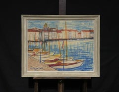 Französisches Gemälde aus der Mitte des 20. Jahrhunderts - Hafen von St. Tropez mit ausgekleideten Booten
