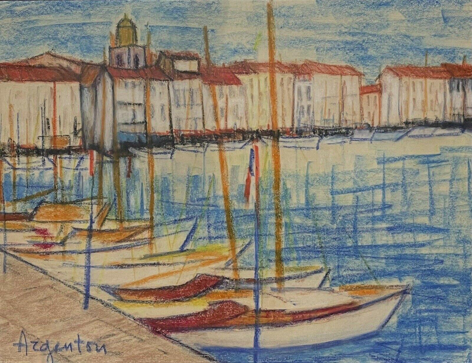 French School Landscape Painting - Mid 20th Century French Painting - St. Tropez Harbour with Boats lined up