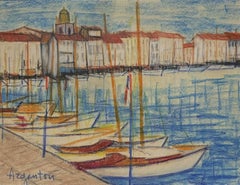Mid 20th Century French Painting - St. Tropez Harbour with Boats lined up