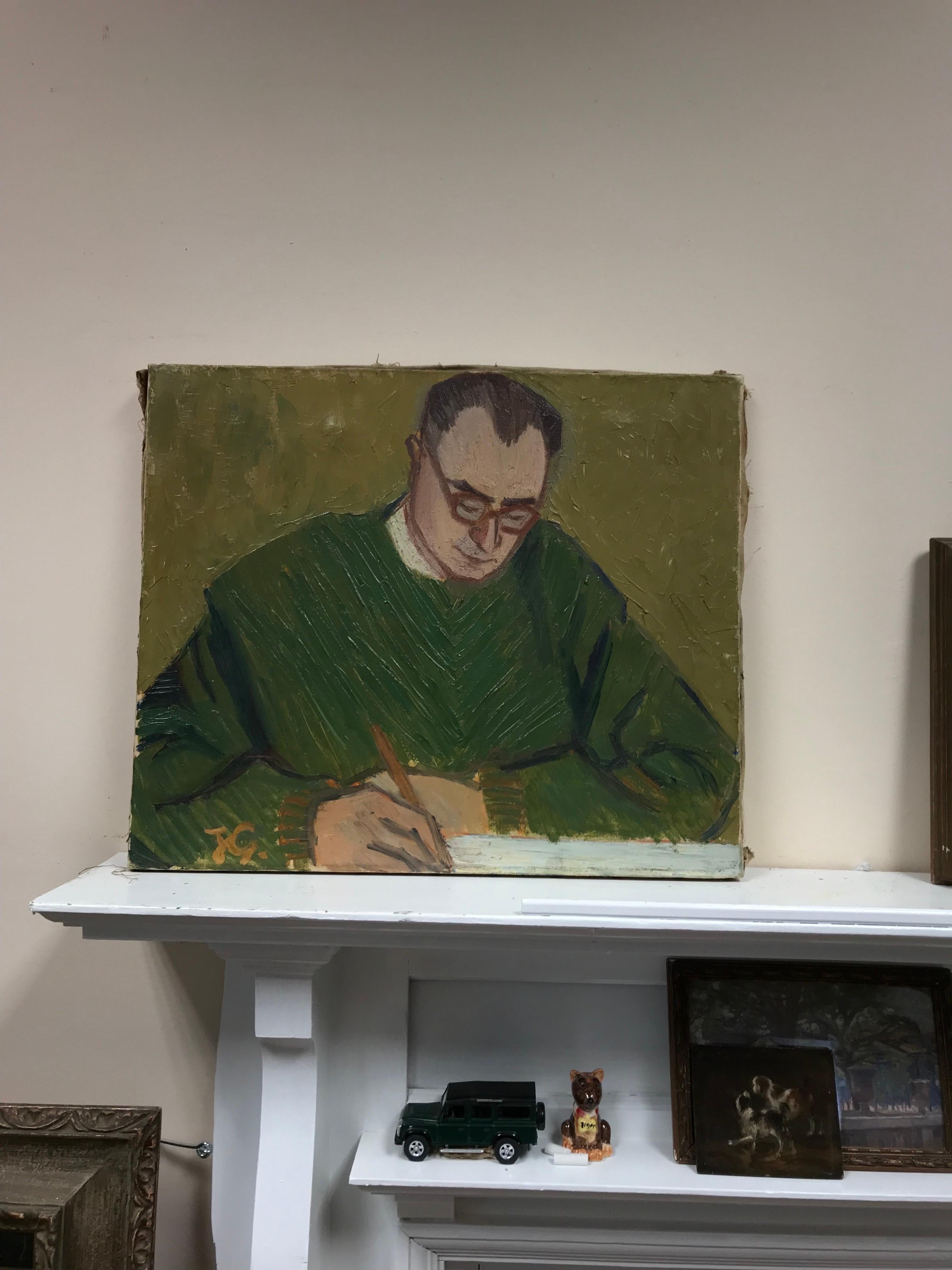Mid 20th Century French Post-Impressionist Oil - Portrait of Man Writing at Desk - Painting by French School