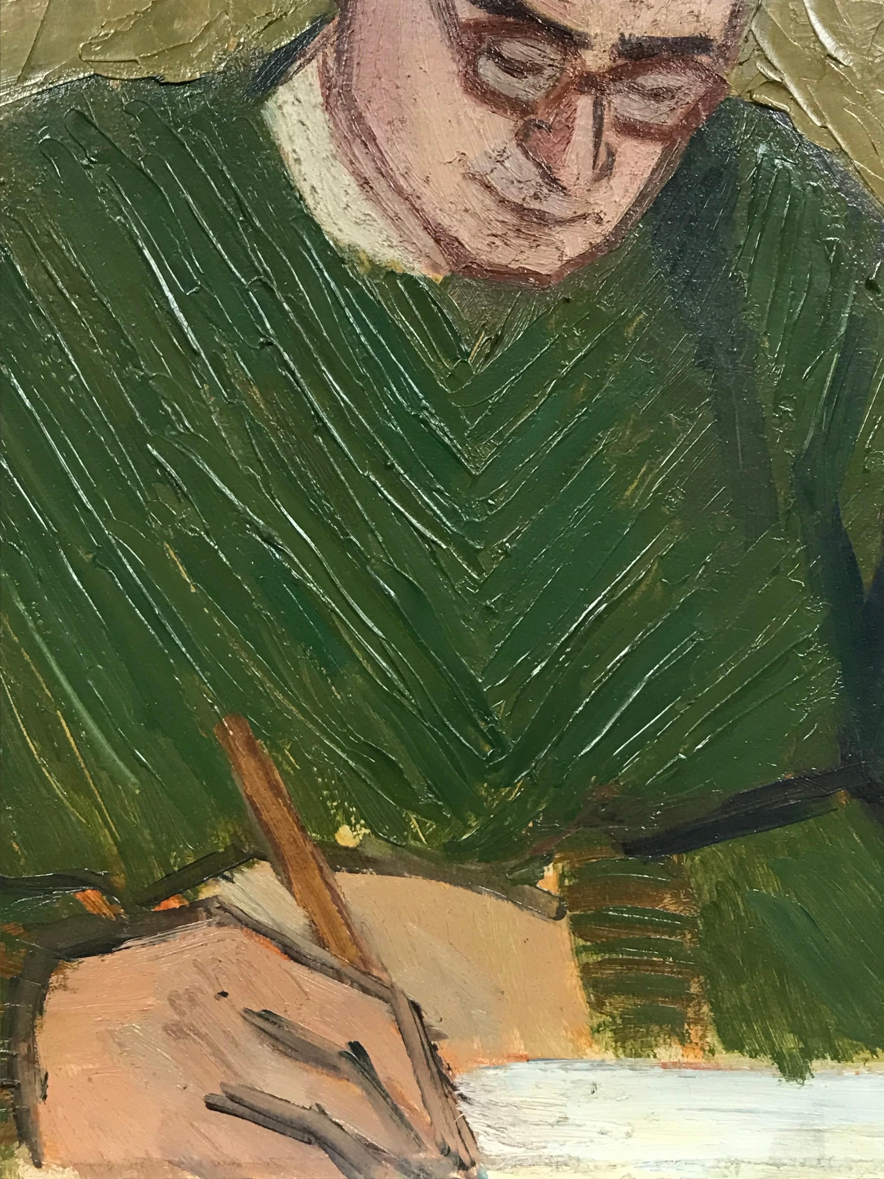 painting of man writing at desk