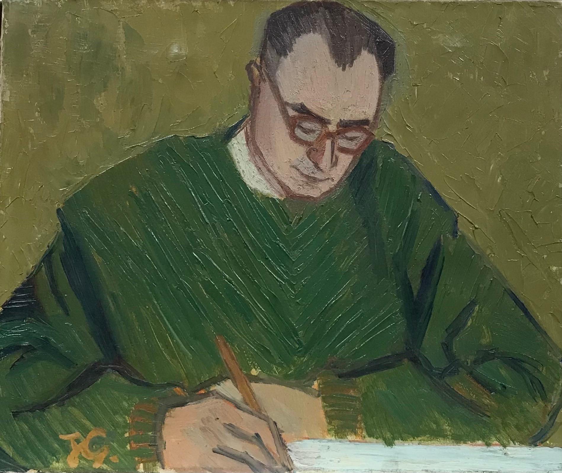 Mid 20th Century French Post-Impressionist Oil - Portrait of Man Writing at Desk