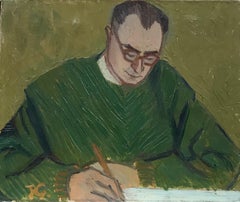 Huile post-impressionniste française du milieu du 20e siècle - Portrait d'homme écrivant au bureau