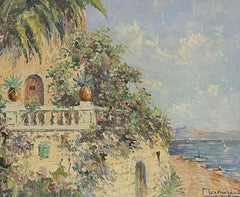 Mid 20th Century French Signed Post-Impressionist Oil, South of France Villa Sea