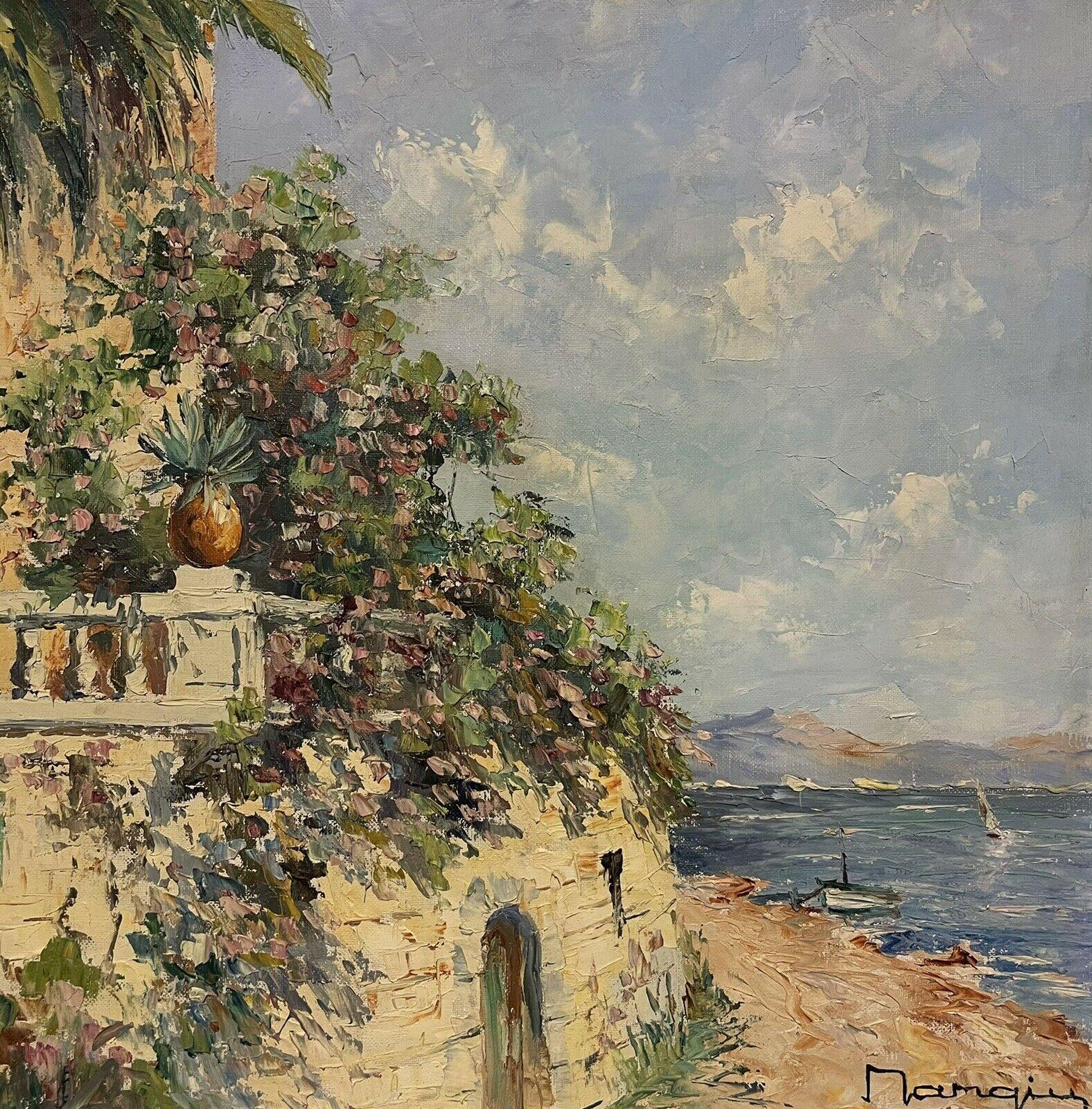 Mid 20th Century French Signed Post-Impressionist Oil, South of France Villa Sea - Black Landscape Painting by French School