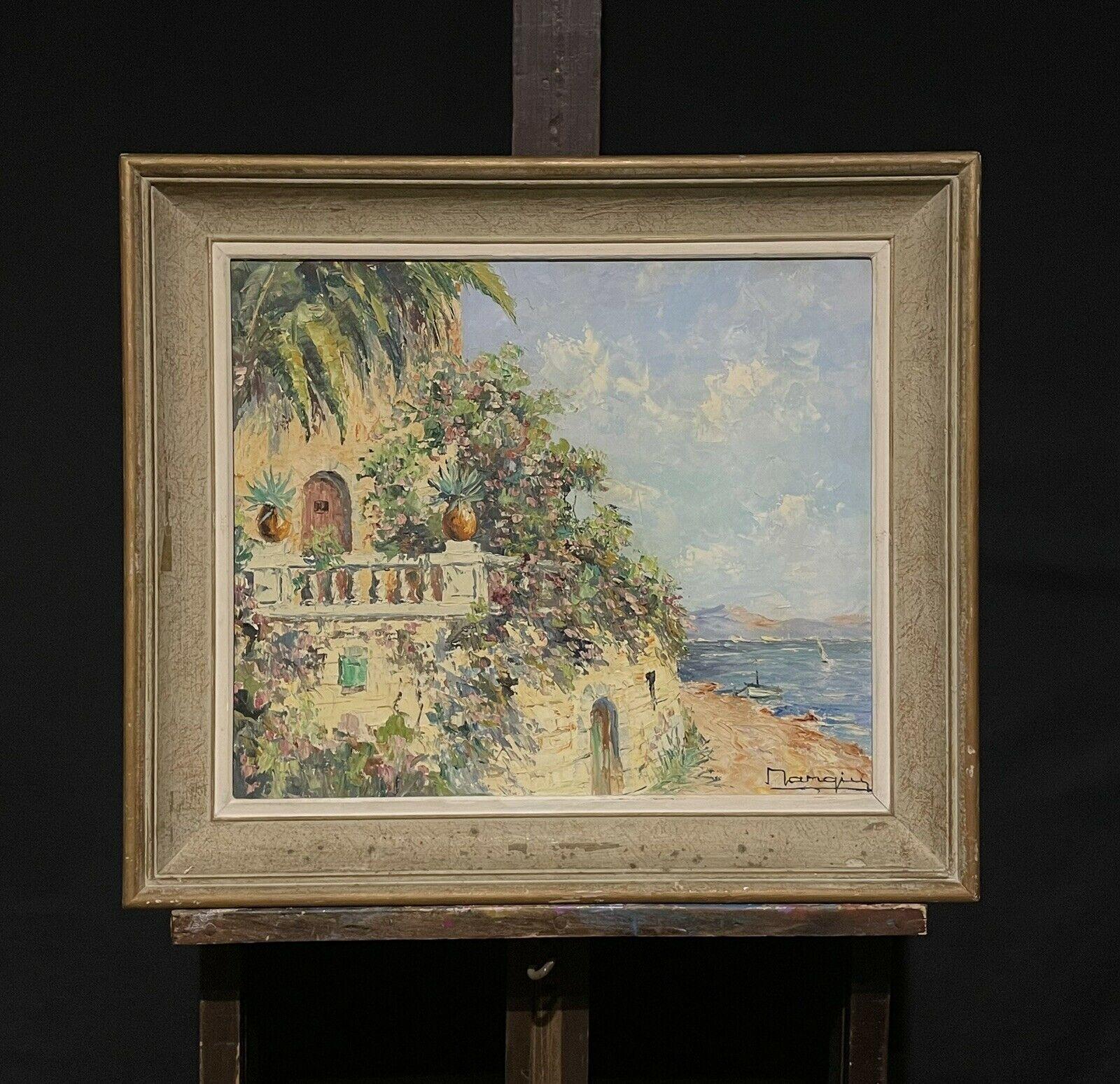 French School Landscape Painting - Mid 20th Century French Signed Post-Impressionist Oil, South of France Villa Sea