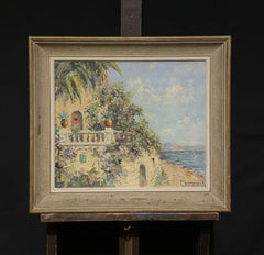 Retro Mid 20th Century French Signed Post-Impressionist Oil, South of France Villa Sea