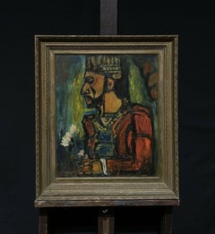 Mid Century French Expressionist Portrait Man in Crown Framed Oil Painting