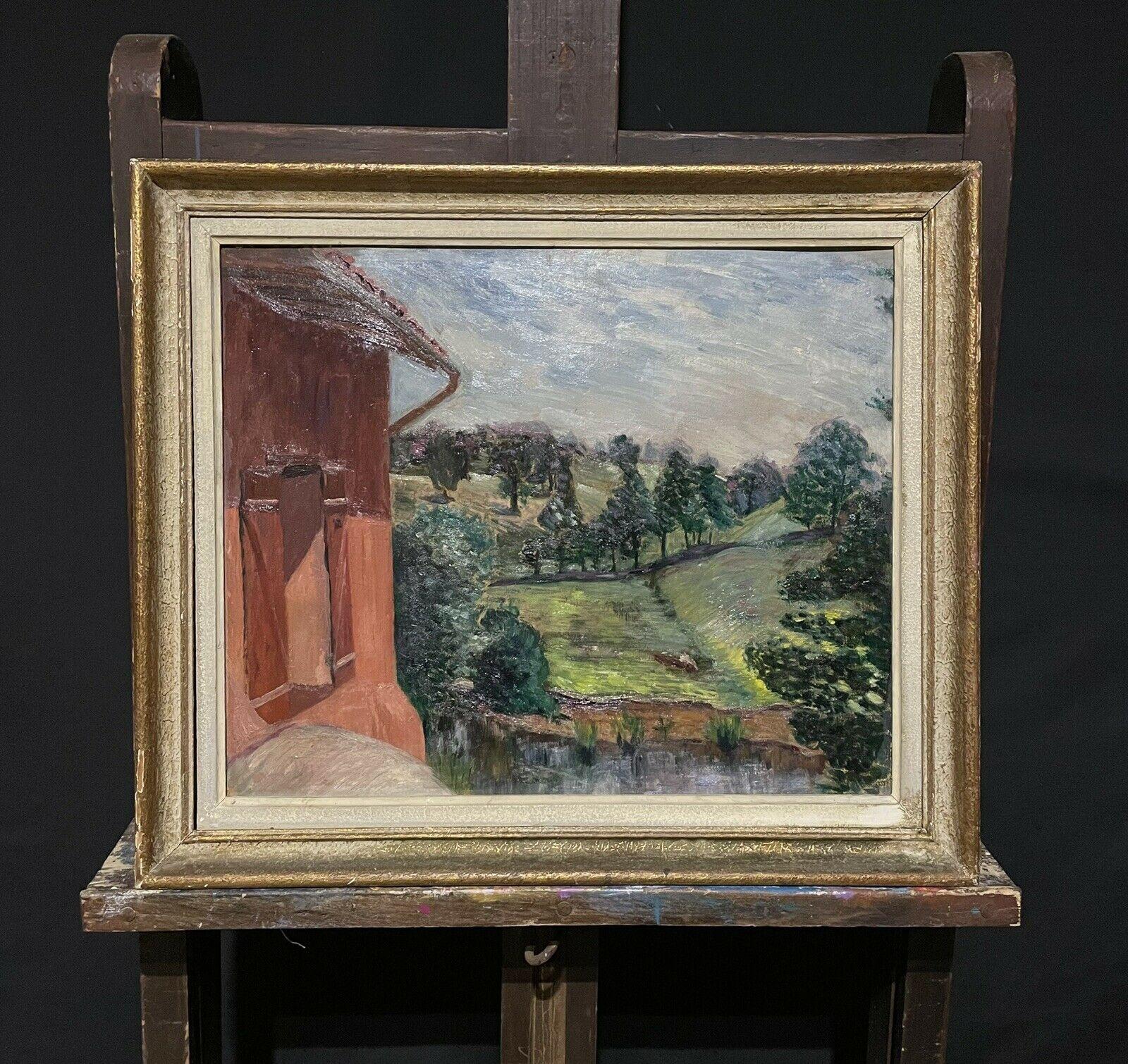 Óleo impresionista francés de mediados de siglo, Casa de campo en un paisaje azotado por el viento - Painting de French School