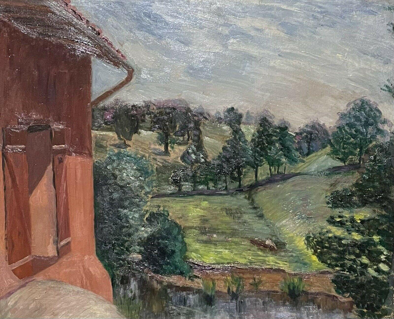 French School Landscape Painting - Mid Century French Impressionist Oil, Country House in Windswept Landscape