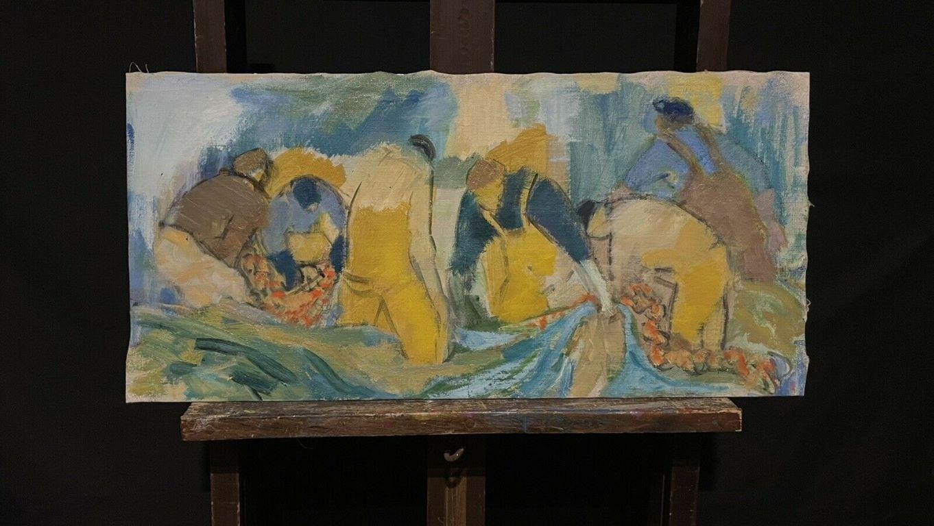 Mid Century French Post-Impressionist Oil, Fishermen tending their nets - Painting by French School