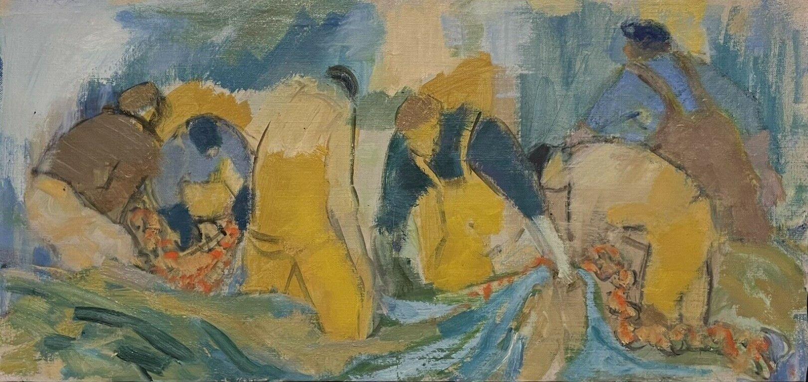 French School Figurative Painting - Mid Century French Post-Impressionist Oil, Fishermen tending their nets