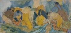 Mid Century French Post-Impressionist Oil, Fishermen tending their nets