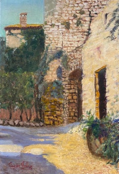Old Provence Village stone houses & old street view, signed oil painting