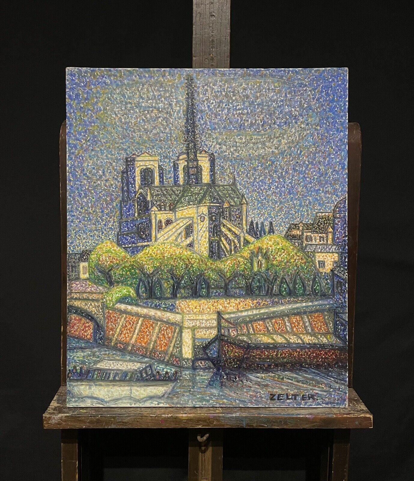 Peinture à l'huile de l'école pointilliste - Notre Dame River Seine Paris, signée d'origine  - Painting de French School