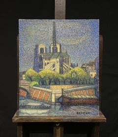 Pointillist School Oil Painting - Notre Dame River Seine Paris, signed original