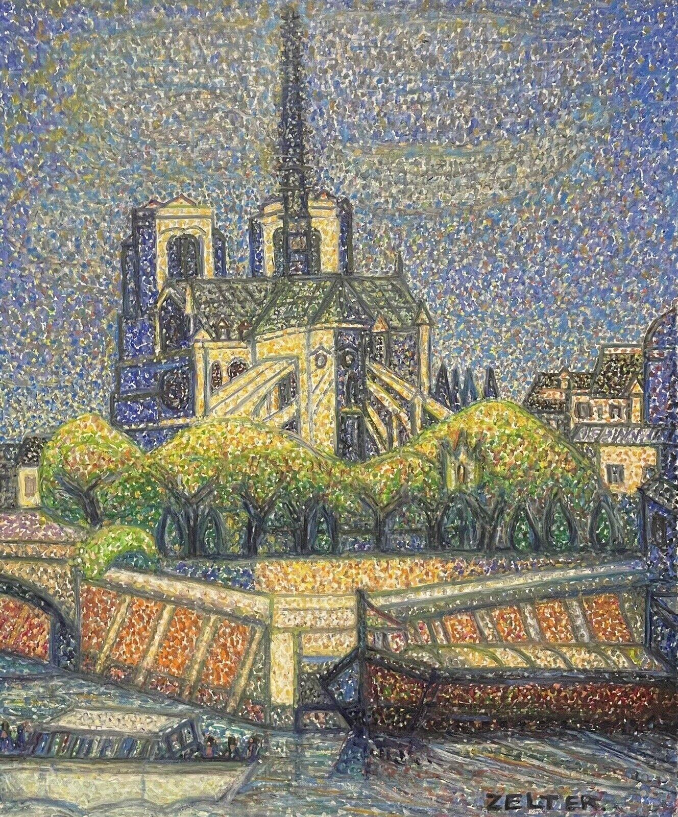 French School Landscape Painting - Pointillist School Oil Painting - Notre Dame River Seine Paris, signed original 