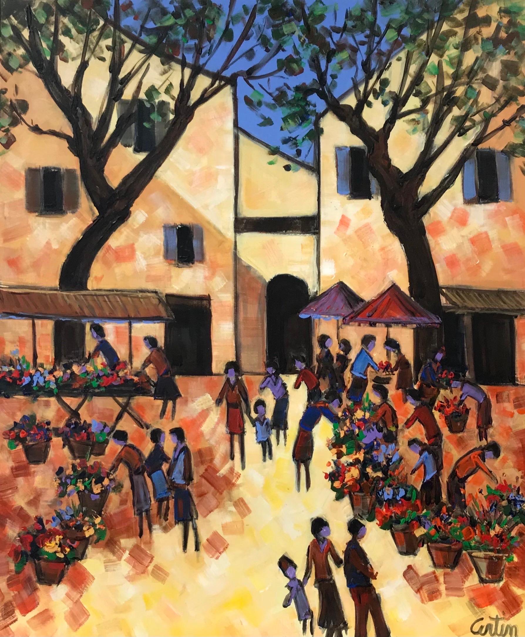 Provencal Town Market Square Busy Scene with Many Figures with Flowers - Painting by French School