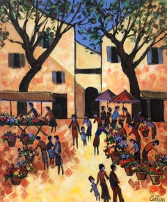 Provencal Town Market Square Busy Scene with Many Figures with Flowers