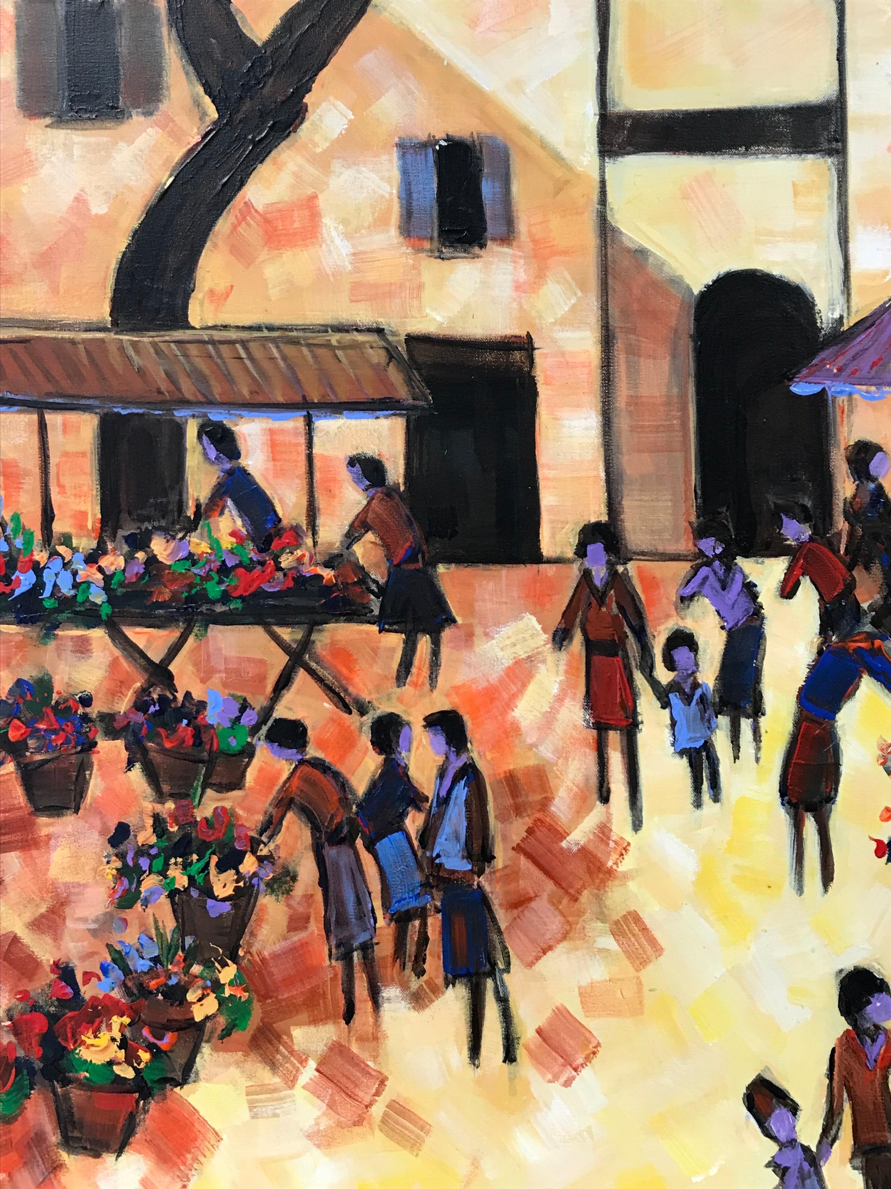 Provencal Town Market Square Busy Scene with Many Figures with Flowers - Modern Painting by French School