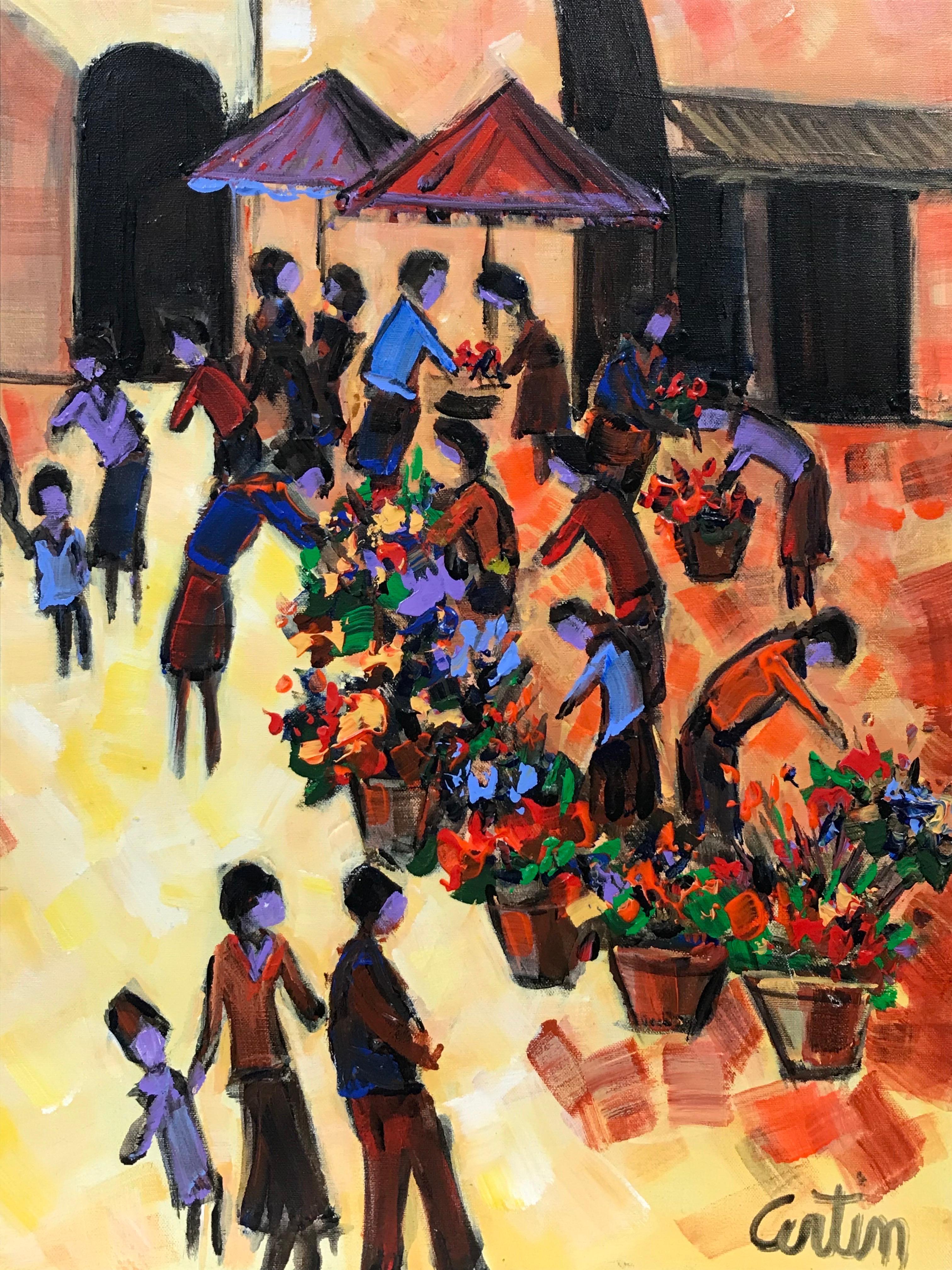 Provencal Town Market Square Busy Scene with Many Figures with Flowers - Brown Landscape Painting by French School