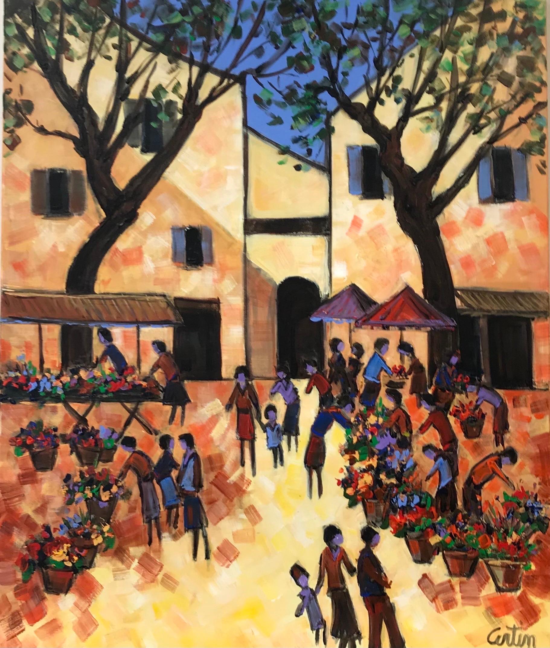 French School Landscape Painting - Provencal Town Market Square Busy Scene with Many Figures with Flowers