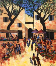 Provencal Town Market Square Busy Scene with Many Figures with Flowers