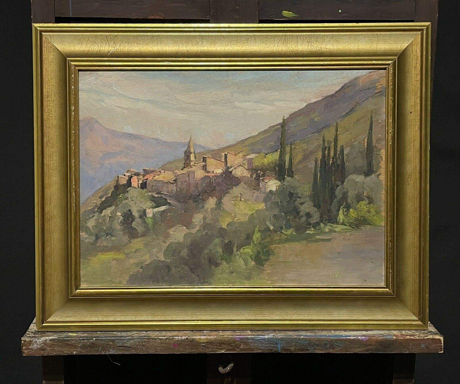 Provence Landscape with Cypress Trees, Hazy View, Vintage French Oil  - Painting by French School